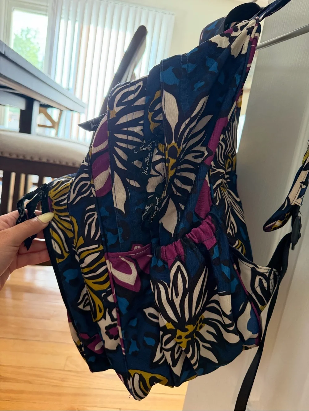 Waterproof Vera Bradley Navy Floral Print Backpack with Purple & Yellow Accents